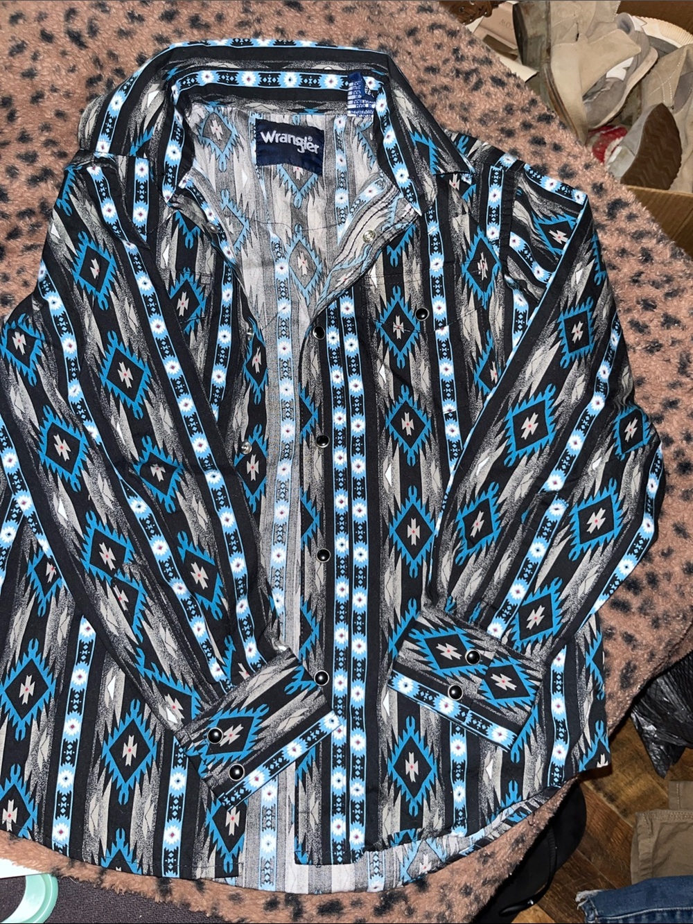 Wrangler Kids Button-Down Aztec Shirt in Teal, Black, and White
